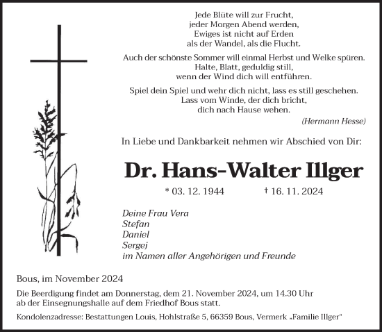 Traueranzeige von Hans-Walter Illger von saarbruecker_zeitung