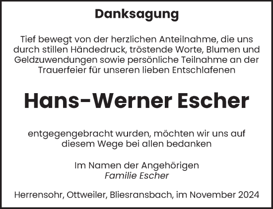 Traueranzeige von Hans-Werner Escher von saarbruecker_zeitung