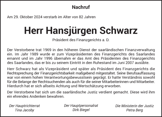 Traueranzeige von Hansjürgen Schwarz von saarbruecker_zeitung