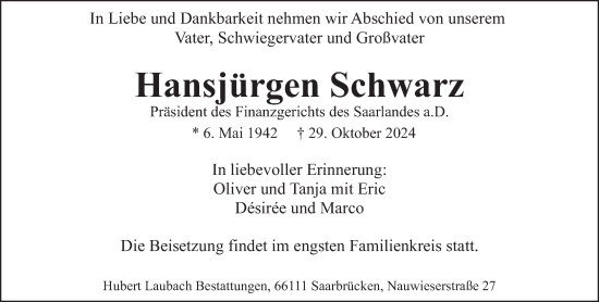 Traueranzeige von Hansjürgen Schwarz von saarbruecker_zeitung