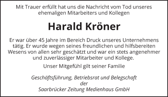 Traueranzeige von Harald Kröner von saarbruecker_zeitung