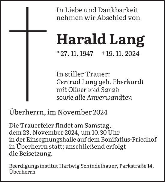 Traueranzeige von Harald Lang von saarbruecker_zeitung