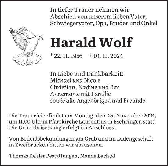 Traueranzeige von Harald Wolf von saarbruecker_zeitung