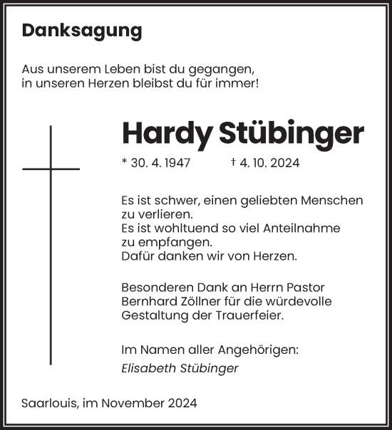 Traueranzeige von Hardy Stübinger von saarbruecker_zeitung