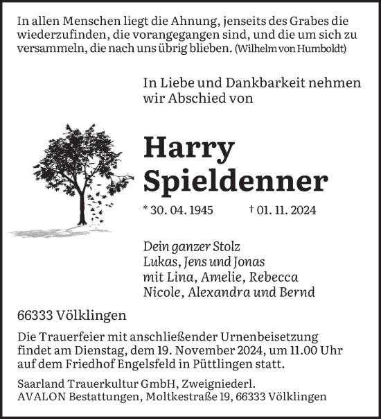 Traueranzeige von Harry Spieldenner von saarbruecker_zeitung