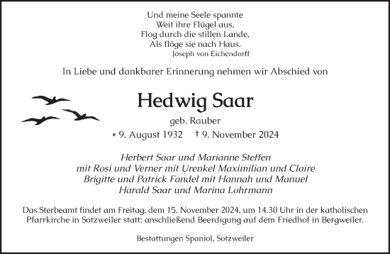 Traueranzeige von Hedwig Saar von saarbruecker_zeitung