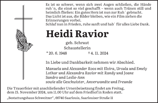 Traueranzeige von Heidi Ravior von saarbruecker_zeitung