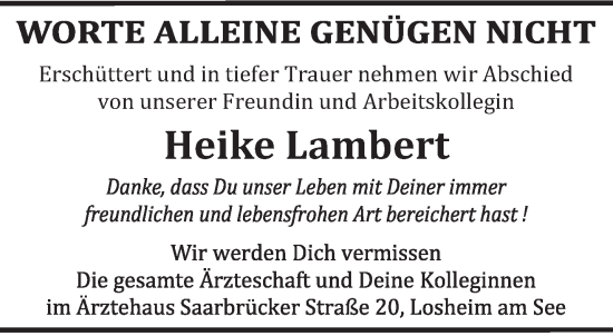 Traueranzeige von Heike Lambert von saarbruecker_zeitung