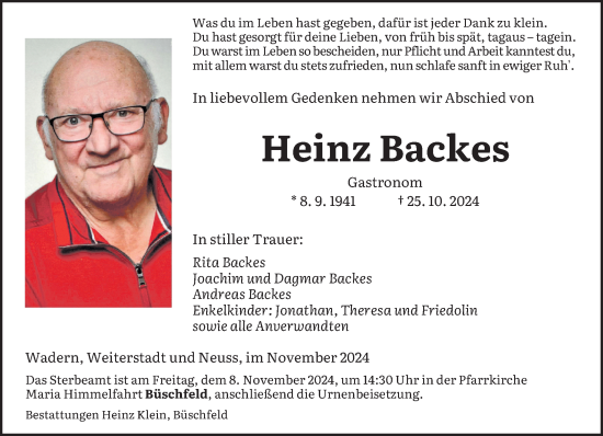 Traueranzeige von Heinz Backes von saarbruecker_zeitung