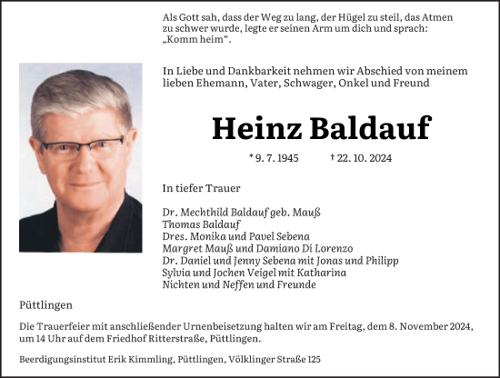 Traueranzeige von Heinz Baldauf von saarbruecker_zeitung