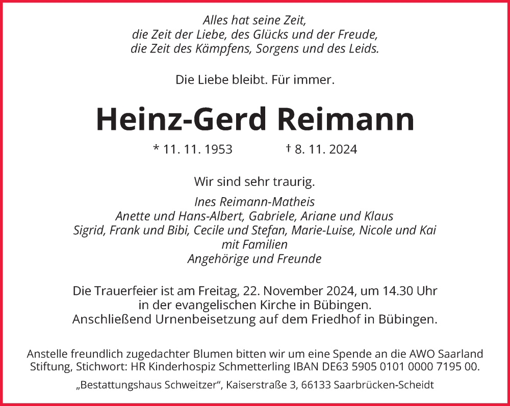  Traueranzeige für Heinz-Gerd Reimann vom 16.11.2024 aus saarbruecker_zeitung