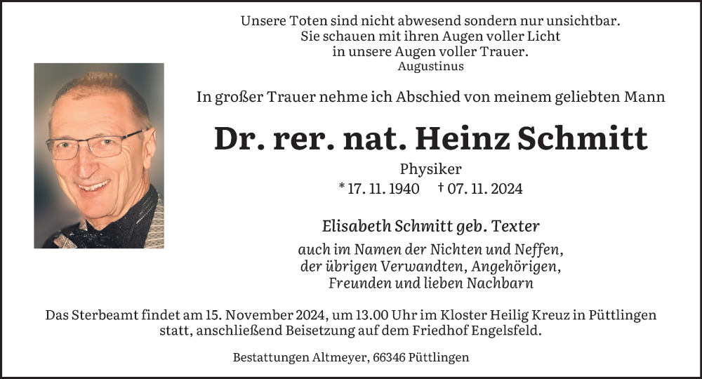  Traueranzeige für Heinz Schmitt vom 13.11.2024 aus saarbruecker_zeitung