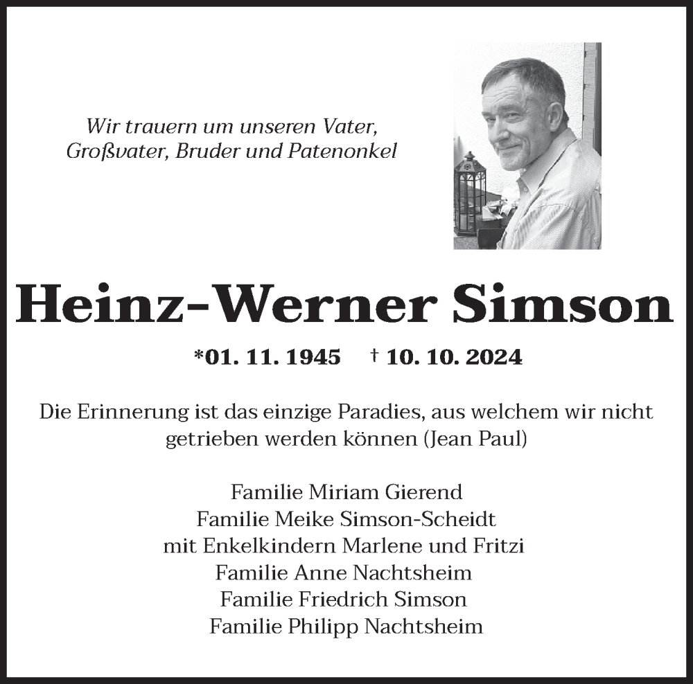  Traueranzeige für Heinz-Werner Simson vom 02.11.2024 aus saarbruecker_zeitung