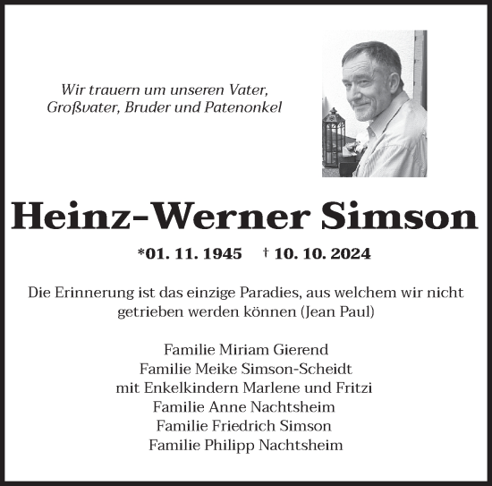 Traueranzeige von Heinz-Werner Simson von saarbruecker_zeitung