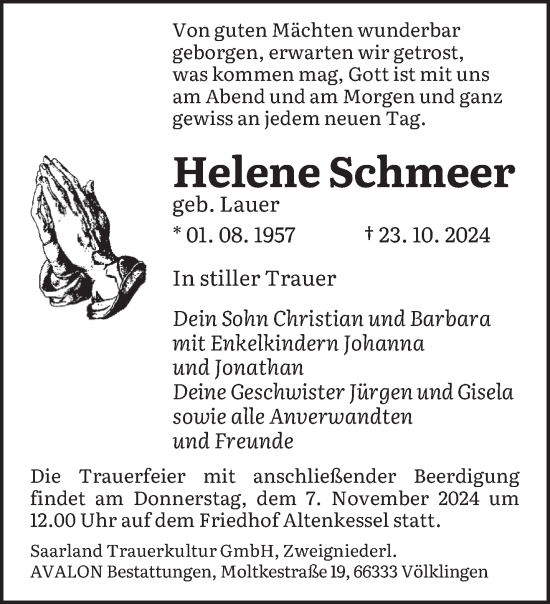 Traueranzeige von Helene Schmeer von saarbruecker_zeitung