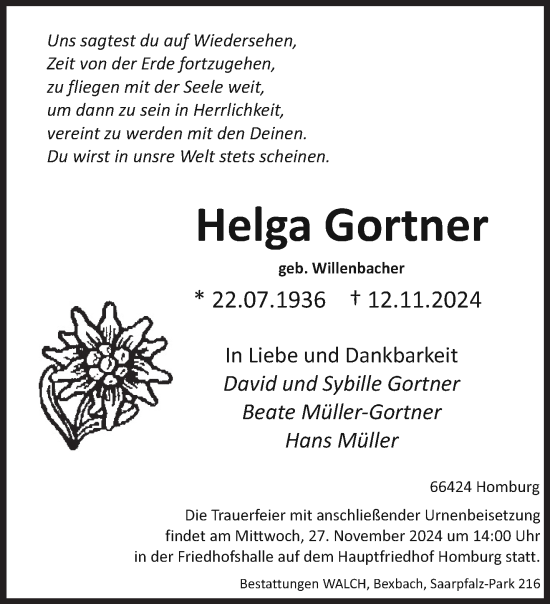 Traueranzeige von Helga Gortner von saarbruecker_zeitung