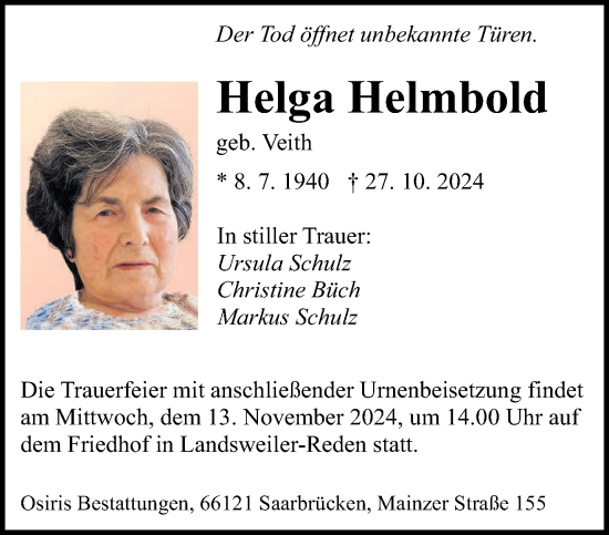 Traueranzeige von Helga Helmbold von saarbruecker_zeitung