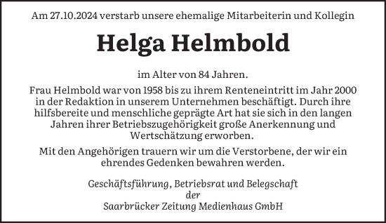 Traueranzeige von Helga Helmbold von saarbruecker_zeitung