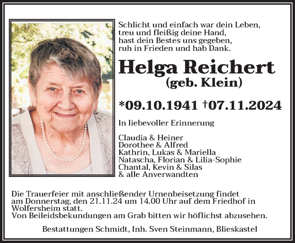  Traueranzeige für Helga Reichert vom 16.11.2024 aus saarbruecker_zeitung