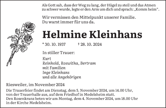 Traueranzeige von Helmine Kleinhans von saarbruecker_zeitung