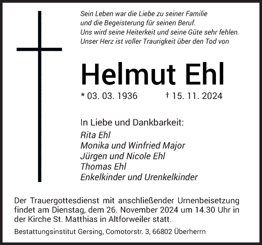  Traueranzeige für Helmut Ehl vom 23.11.2024 aus saarbruecker_zeitung