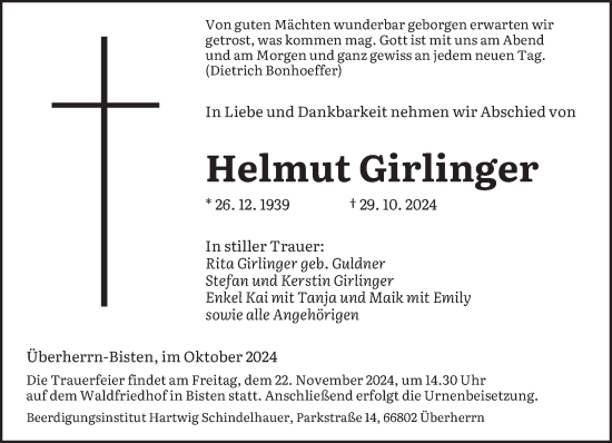 Traueranzeige von Helmut Girlinger von saarbruecker_zeitung