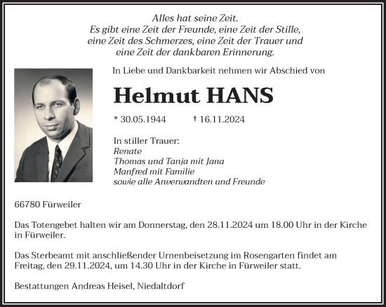 Traueranzeige von Helmut Hans von saarbruecker_zeitung