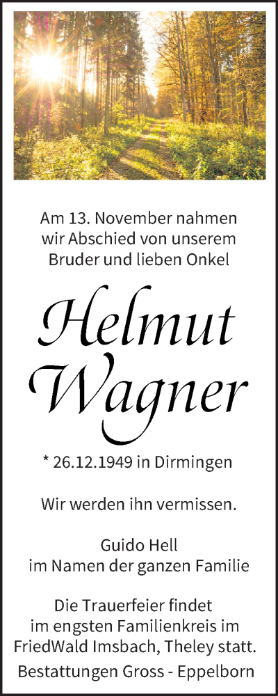 Traueranzeige von Helmut Wagner von saarbruecker_zeitung