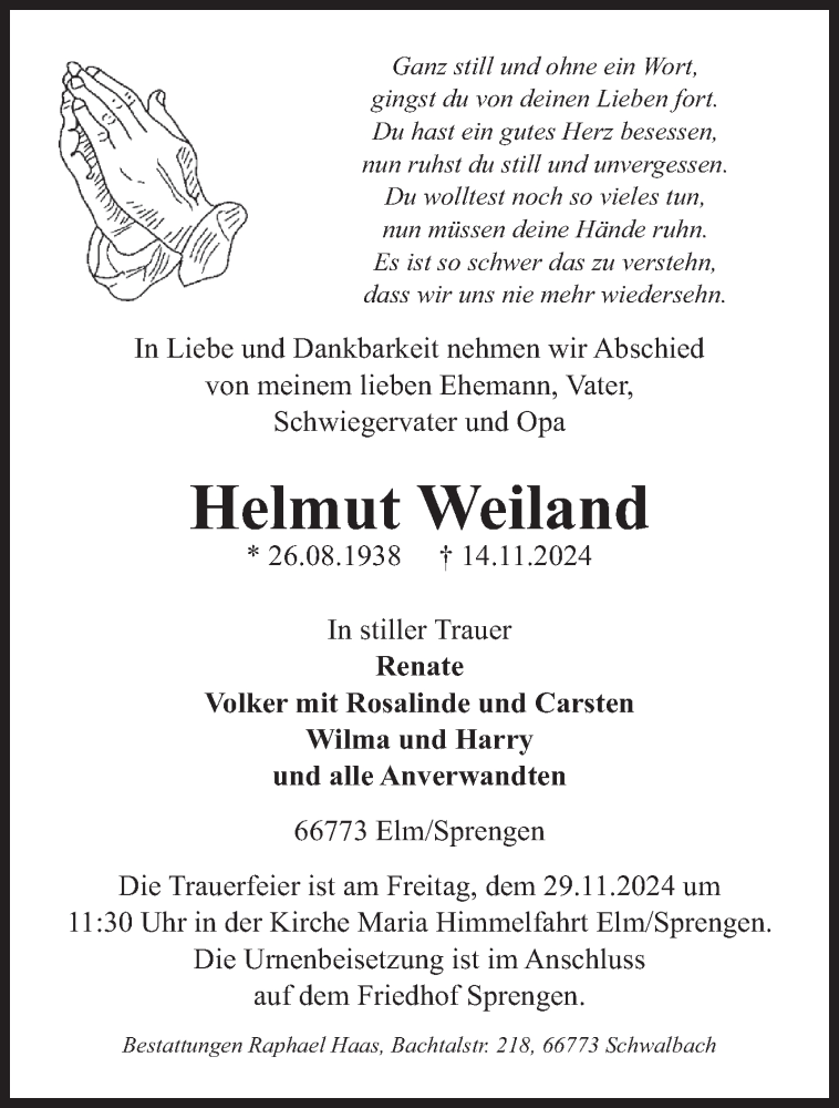  Traueranzeige für Helmut Weiland vom 23.11.2024 aus saarbruecker_zeitung