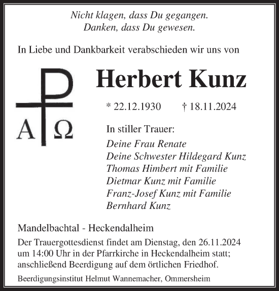 Traueranzeige von Herbert Kunz von saarbruecker_zeitung