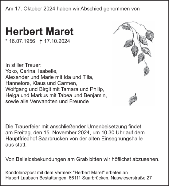 Traueranzeige von Herbert Maret von saarbruecker_zeitung