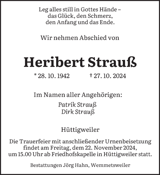 Traueranzeige von Heribert Strauß von saarbruecker_zeitung