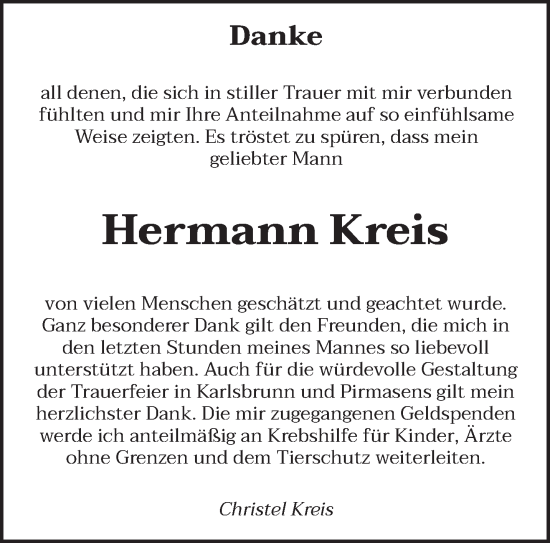 Traueranzeige von Hermann Kreis von saarbruecker_zeitung