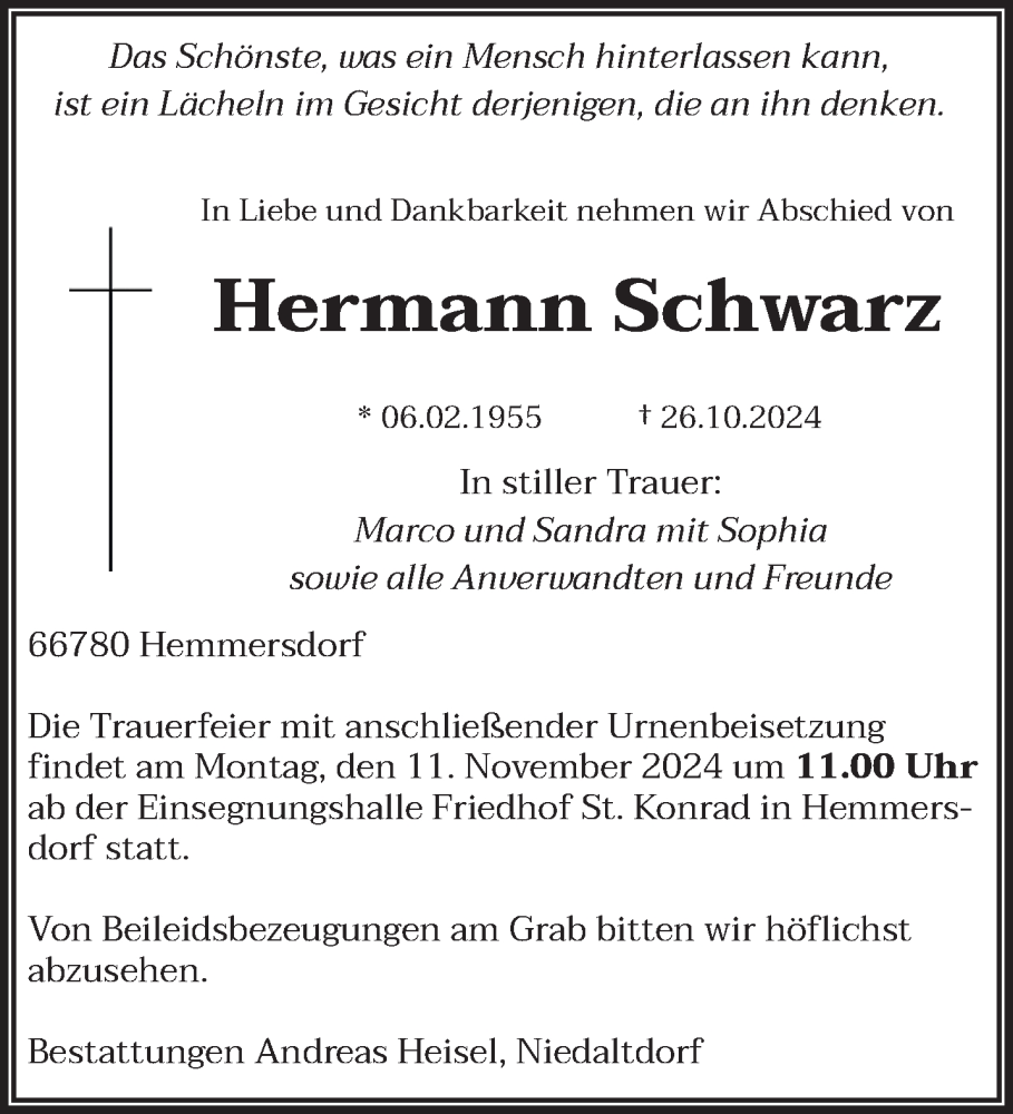  Traueranzeige für Hermann Schwarz vom 06.11.2024 aus saarbruecker_zeitung