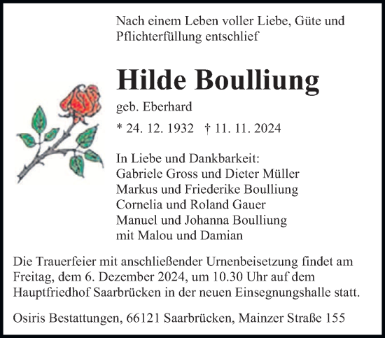 Traueranzeige von Hilde Boulliung von saarbruecker_zeitung