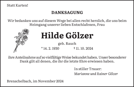 Traueranzeige von Hilde Gölzer von saarbruecker_zeitung