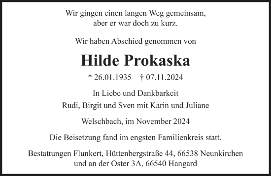 Traueranzeige von Hilde Prokaska von saarbruecker_zeitung