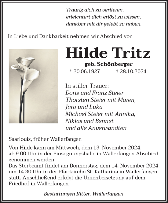 Traueranzeige von Hilde Tritz von saarbruecker_zeitung