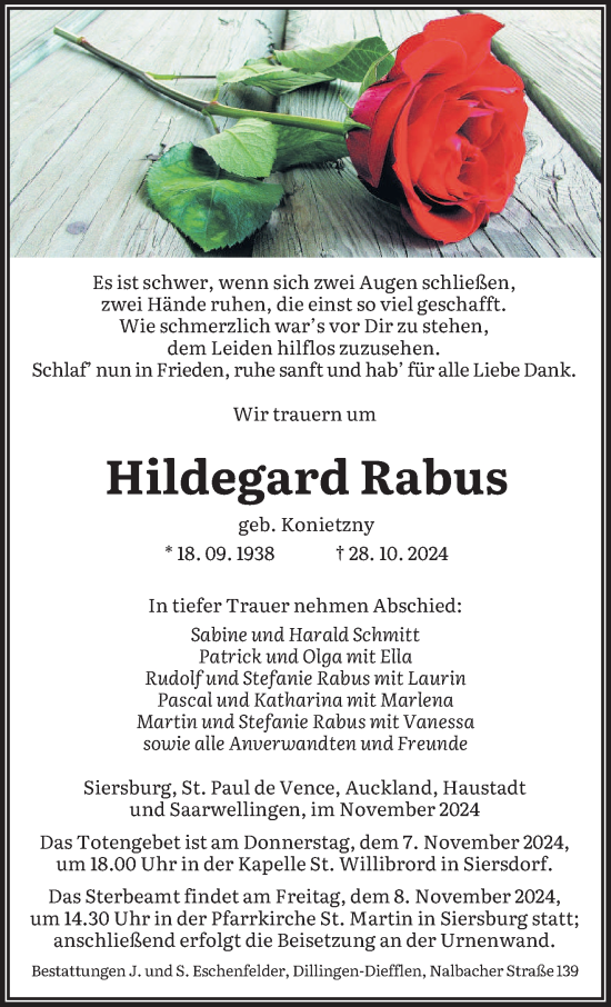 Traueranzeige von Hildegard Rabus von saarbruecker_zeitung