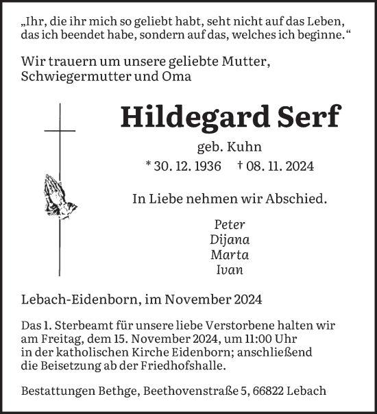 Traueranzeige von Hildegard Serf von saarbruecker_zeitung