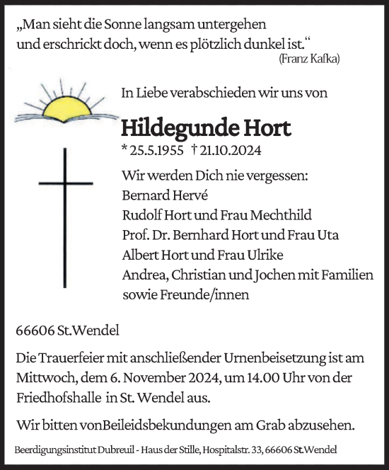 Traueranzeige von Hildegunde Hort von saarbruecker_zeitung