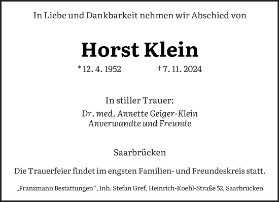 Traueranzeige von Horst Klein von saarbruecker_zeitung