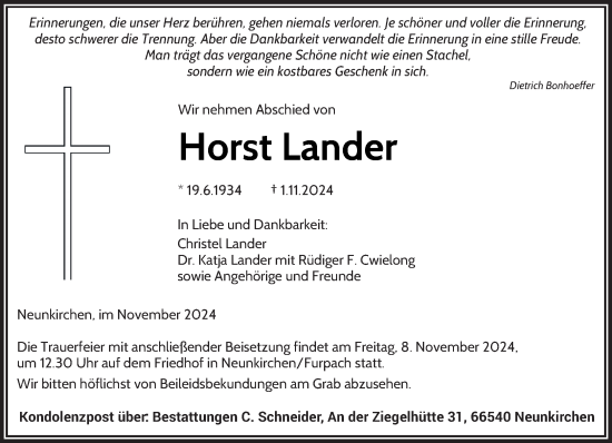 Traueranzeige von Horst Lander von saarbruecker_zeitung