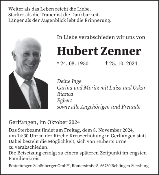 Traueranzeige von Hubert Zenner von saarbruecker_zeitung