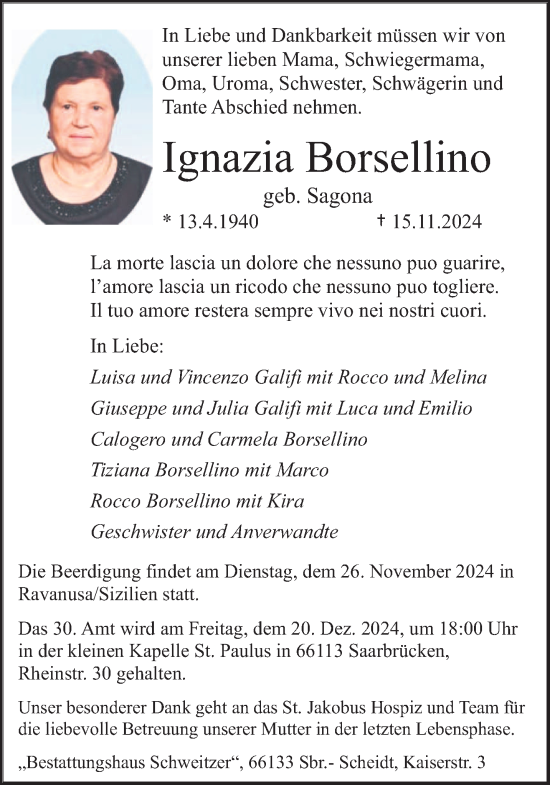 Traueranzeige von Ignazia Borsellino von saarbruecker_zeitung