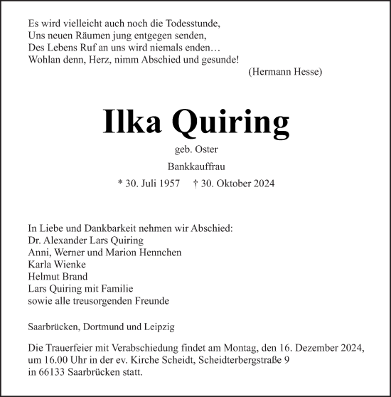 Traueranzeige von Ilka Quiring von saarbruecker_zeitung