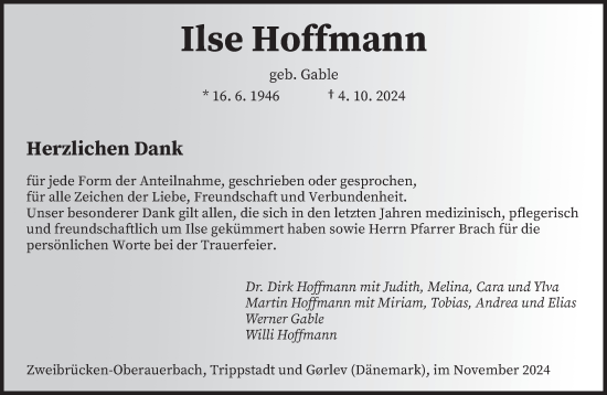 Traueranzeige von Ilse Hoffmann von saarbruecker_zeitung