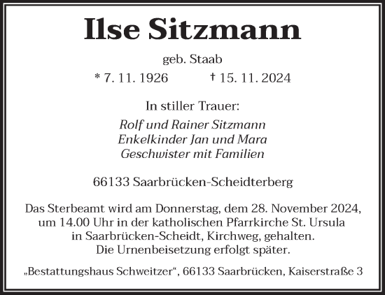 Traueranzeige von Ilse Sitzmann von saarbruecker_zeitung