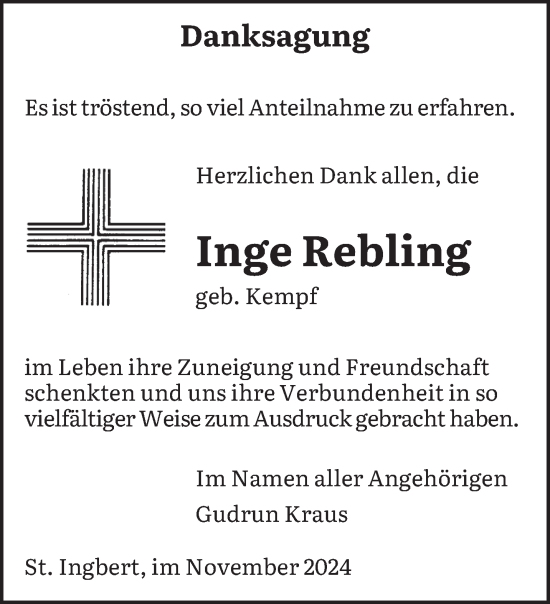 Traueranzeige von Inge Rebling von saarbruecker_zeitung