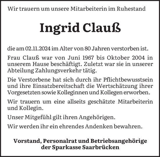 Traueranzeige von Ingrid Clauß von saarbruecker_zeitung